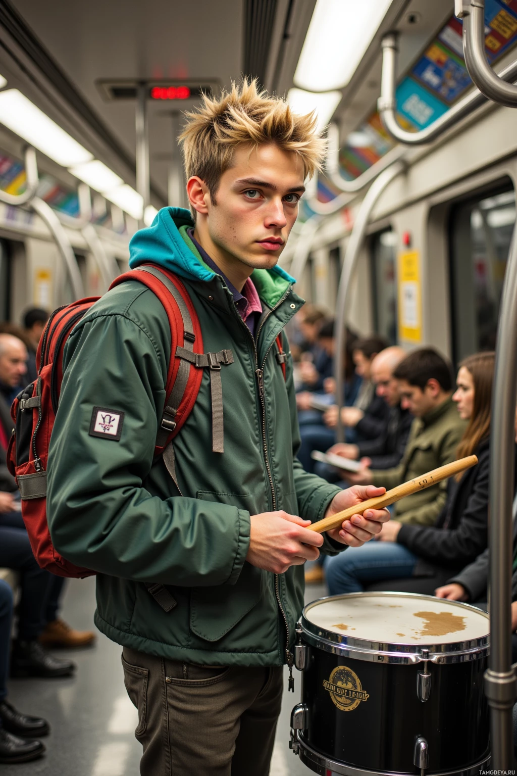 A young man with spiky hair stands in a subway car holding drumsticks and a drum.