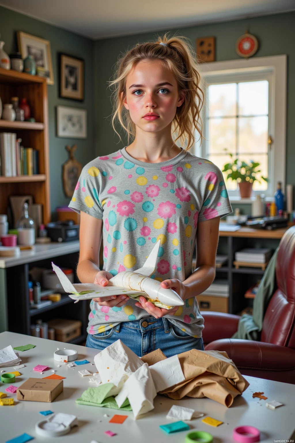 A person stands in a room holding a paper airplane, surrounded by crafting materials on a table.