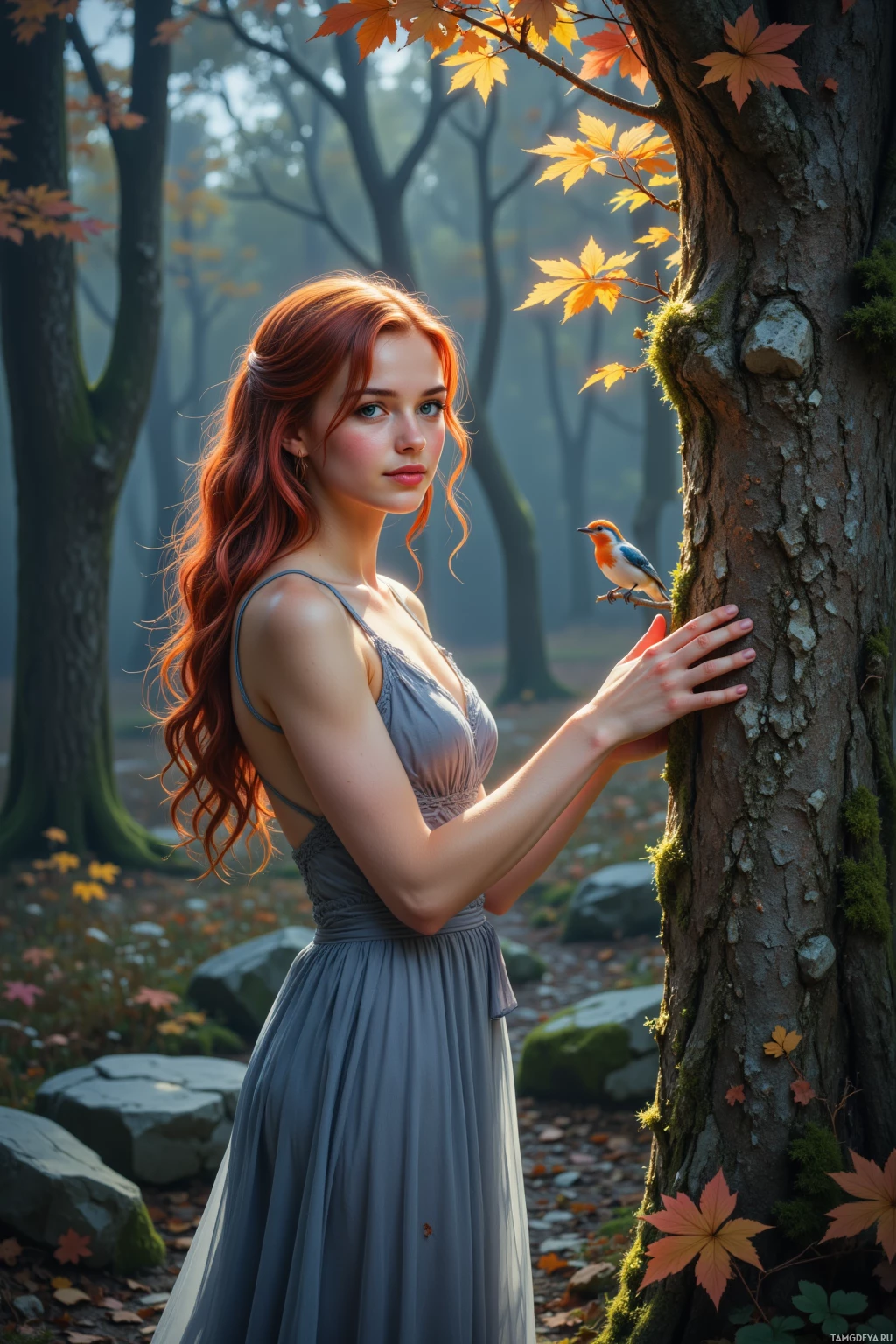 A woman in a gray dress stands in a forest, leaning against a tree with a bird perched nearby.