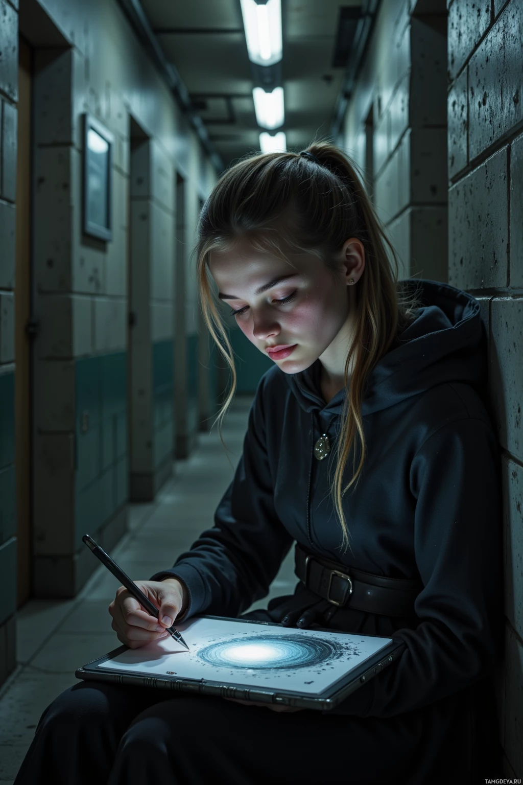 A person sits in a dimly lit hallway, drawing on a tablet with a stylus.