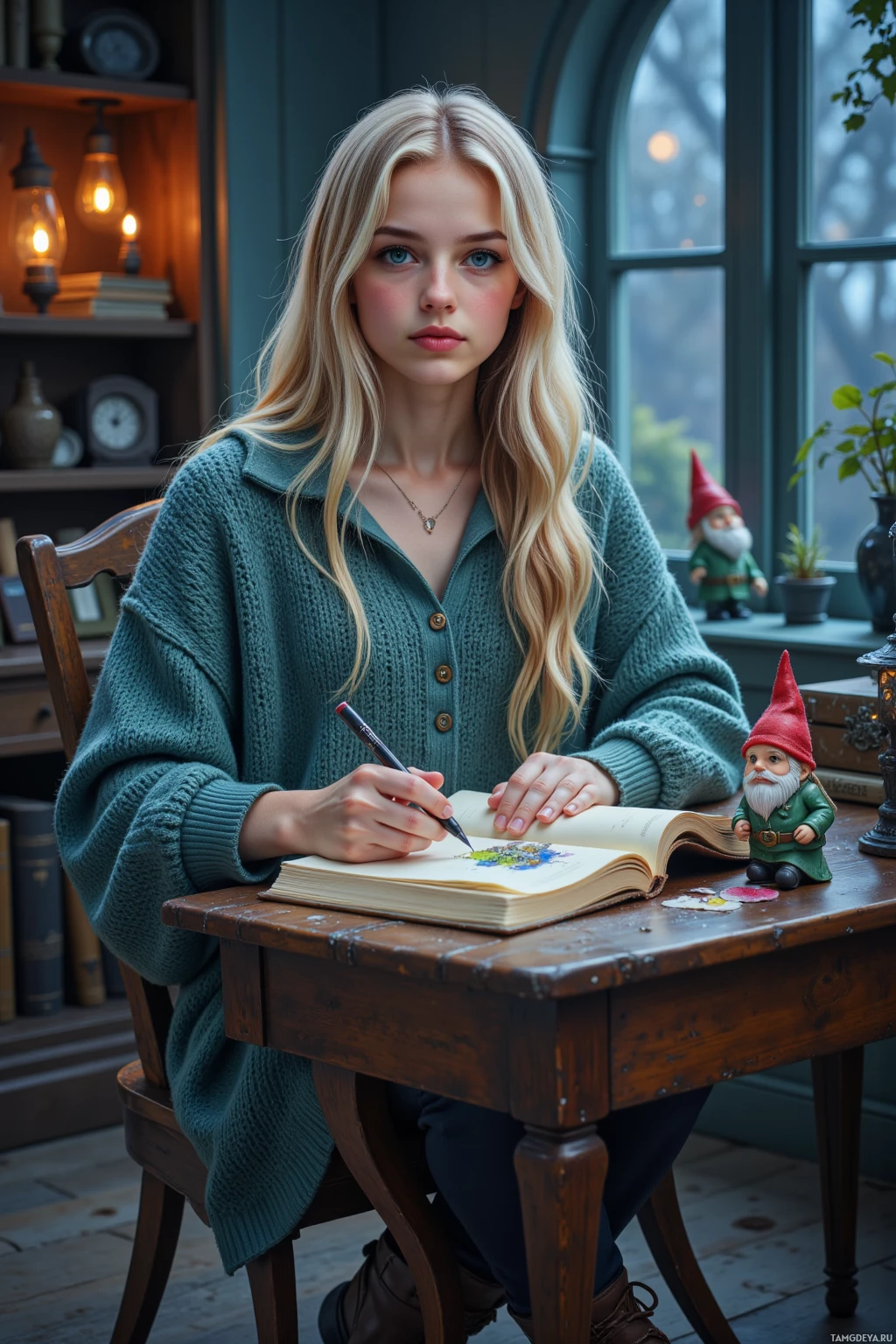 A person with long blonde hair sits at a wooden desk, writing in a notebook with a pen.