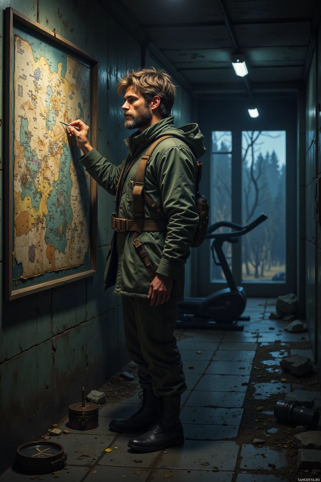 A man in military attire stands in a dimly lit room, examining a map on the wall.