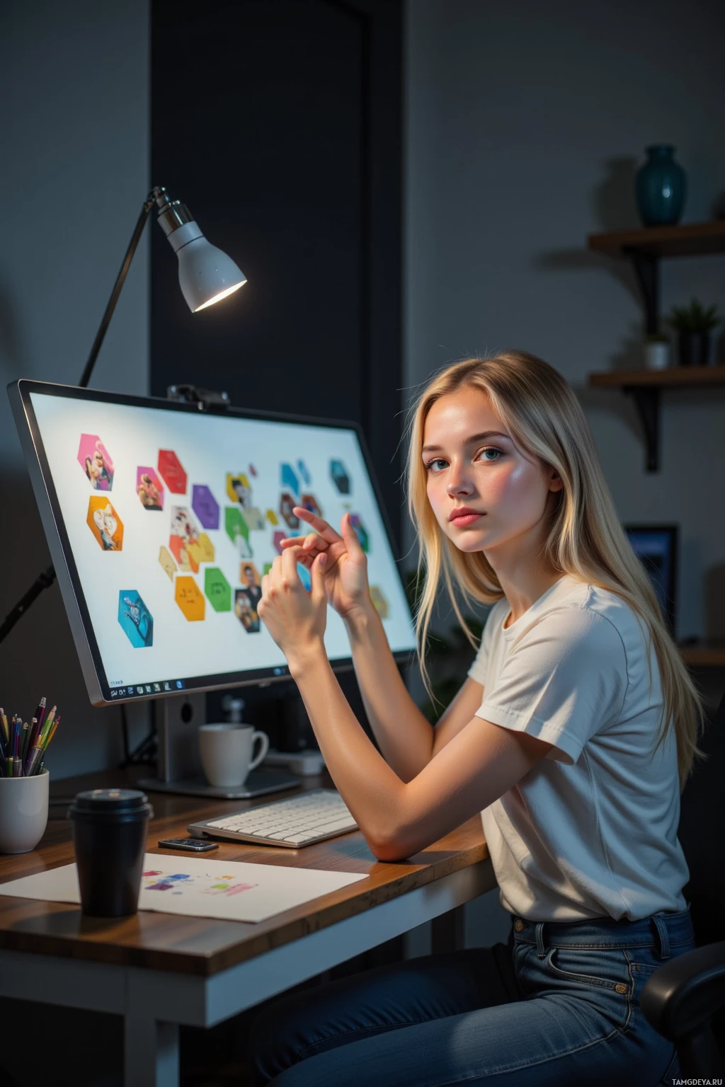 A person sits at a desk with a computer, desk lamp, and various office supplies.