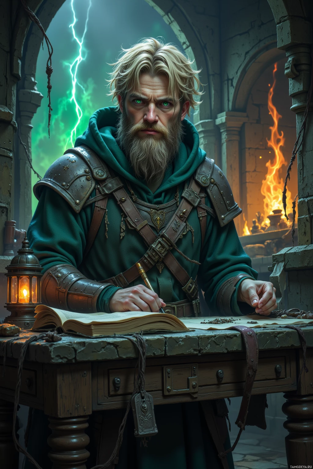 A medieval scholar in armor sits at a desk, illuminated by a lantern, with a book and quill in hand.