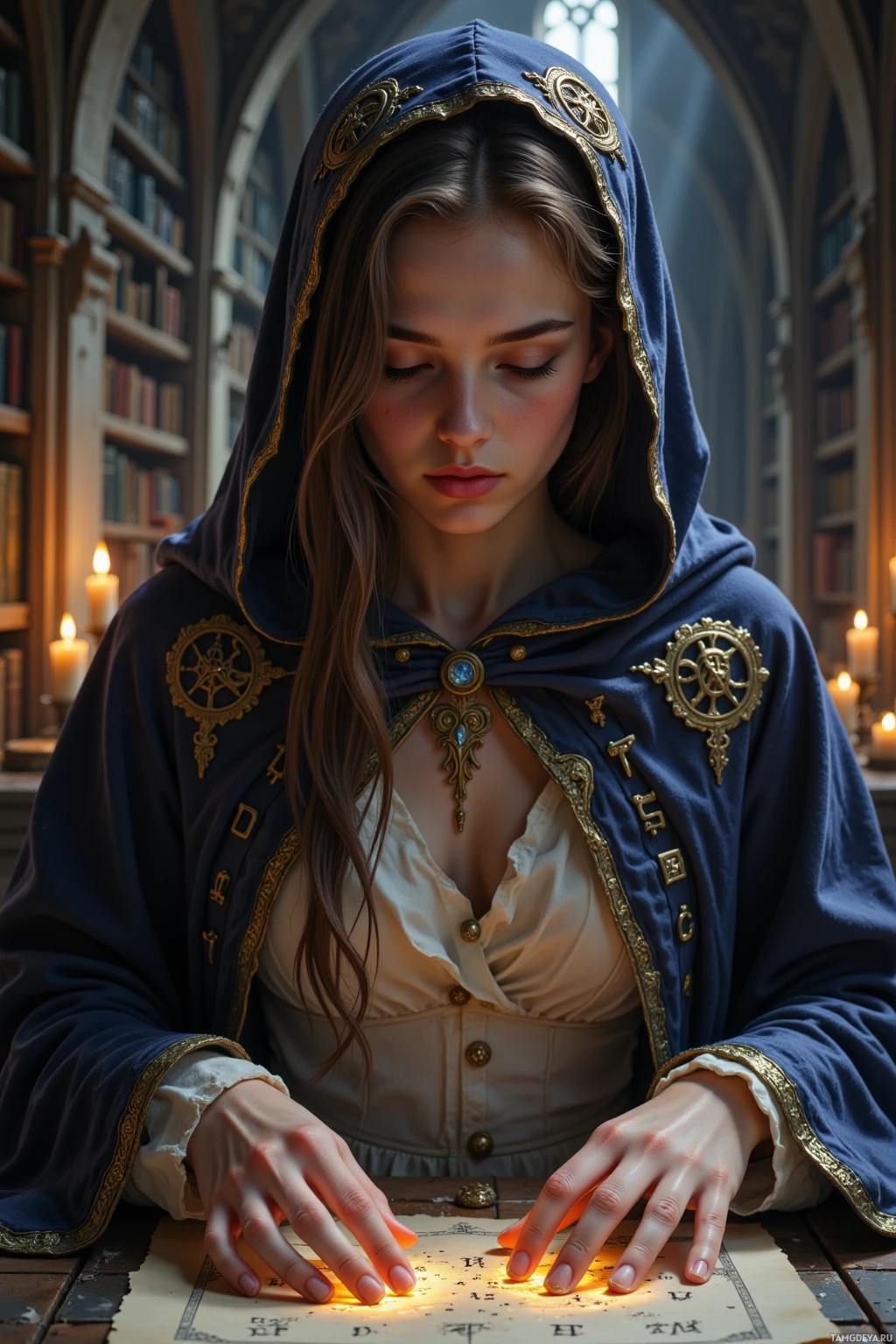 A woman in a hooded cloak with intricate designs is seated at a table, illuminated by a glowing object.