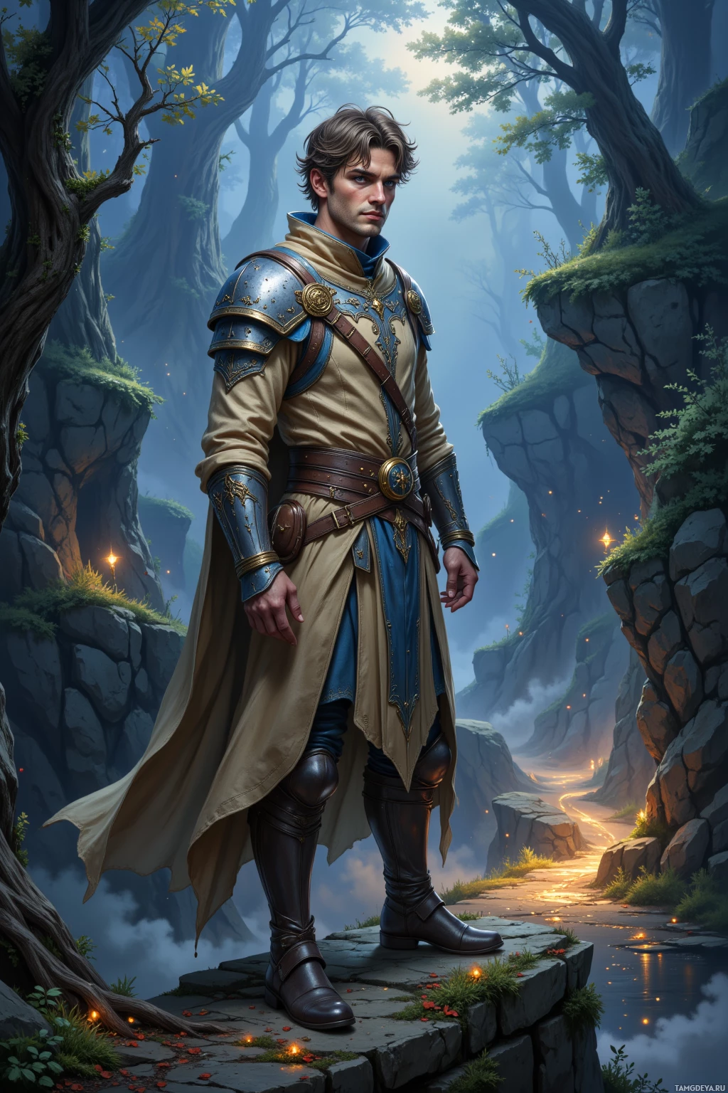 A knight in ornate armor stands on a rocky path in a mystical forest.