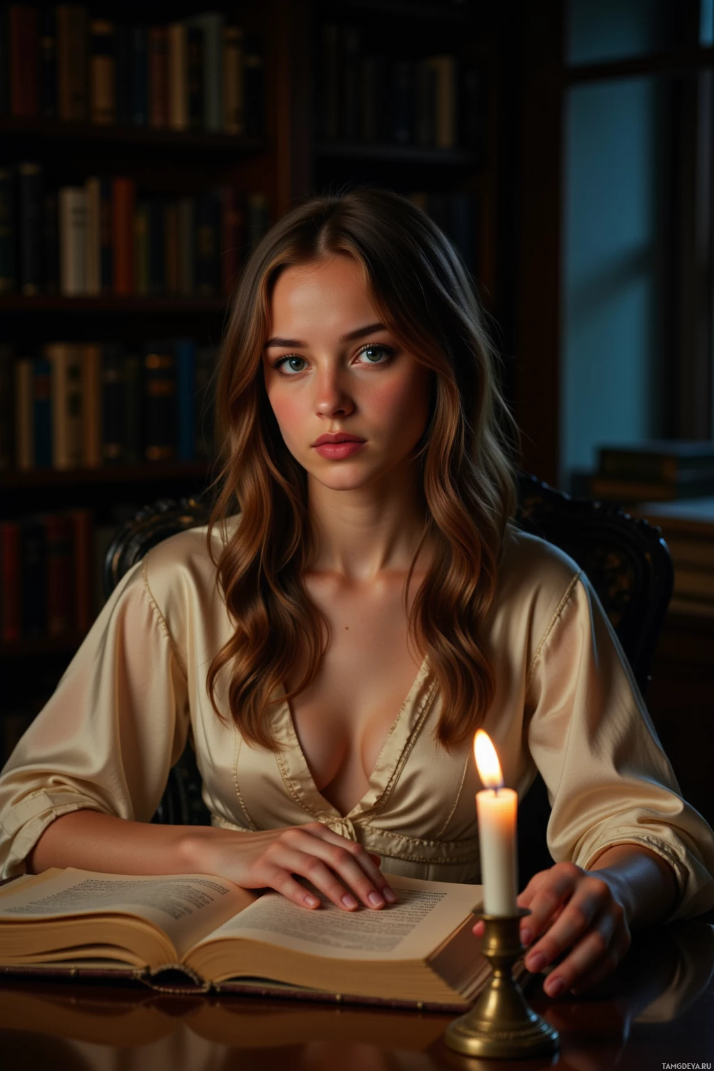 A woman in a satin dress sits at a desk with an open book and a lit candle, surrounded by bookshelves.