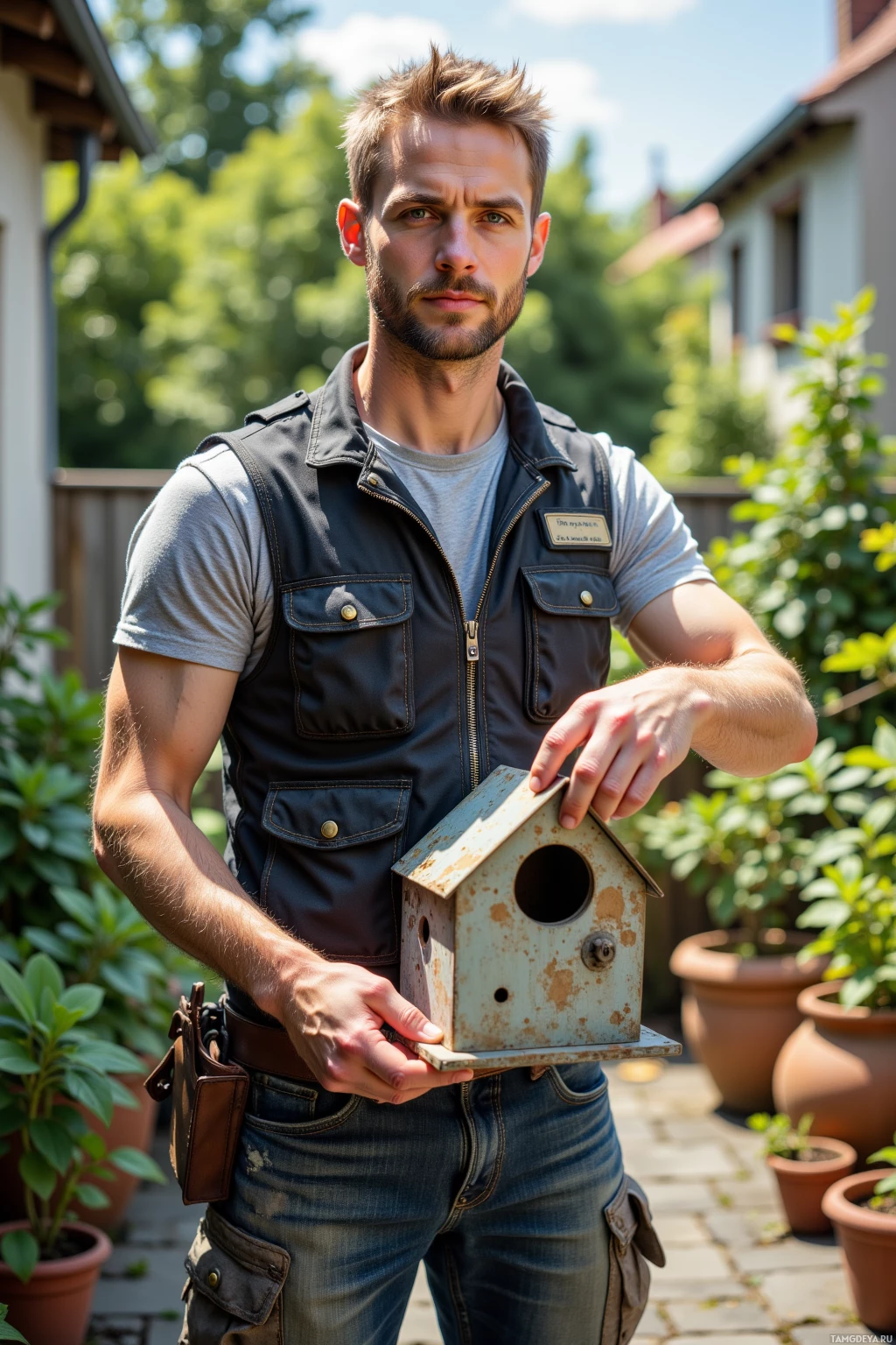 A man in a utility vest holds a small birdhouse in a garden setting.