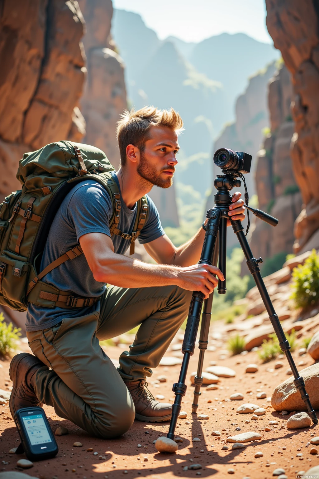 A man crouches in a rocky landscape, adjusting a camera on a tripod.