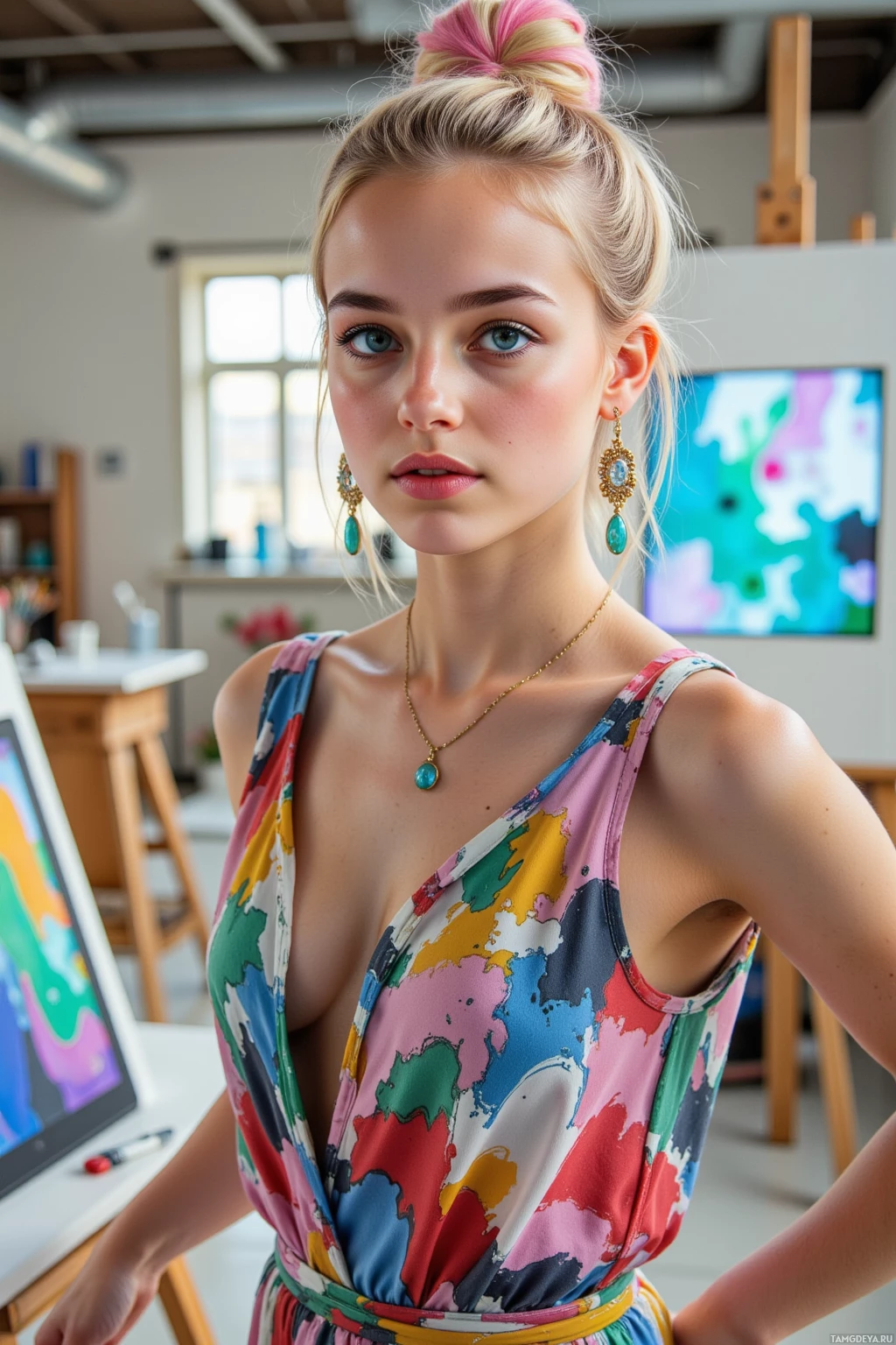 A woman in a colorful dress stands in a studio setting.
