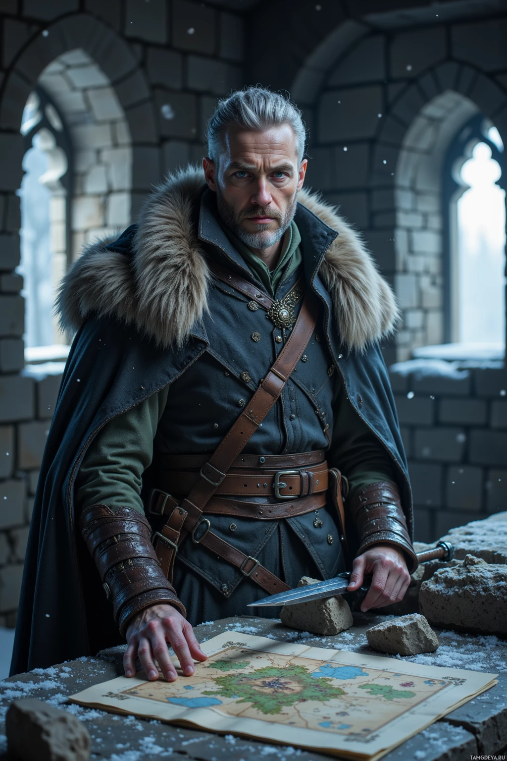 A man in medieval attire stands beside a map, holding a knife, in a snowy, castle-like setting.