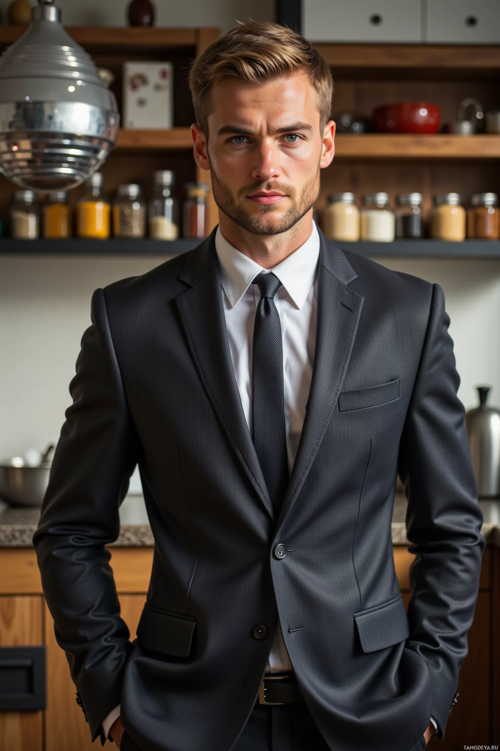 A man in a formal suit stands in a kitchen.