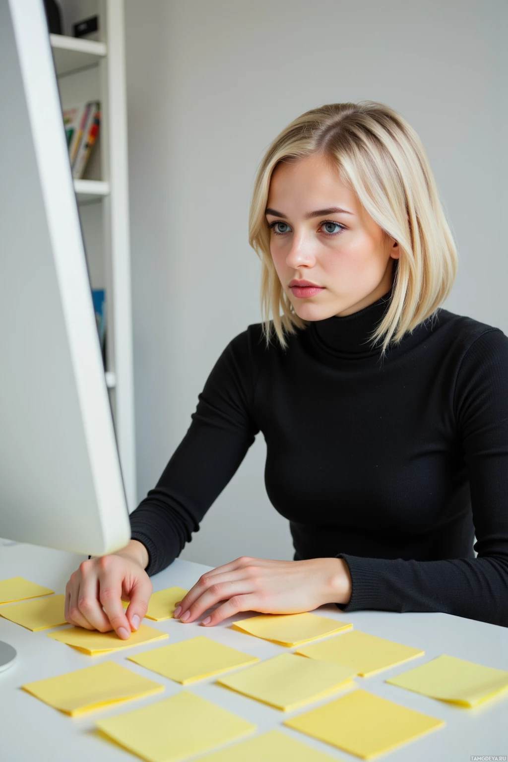 A woman is working at a desk with a computer and yellow sticky notes.