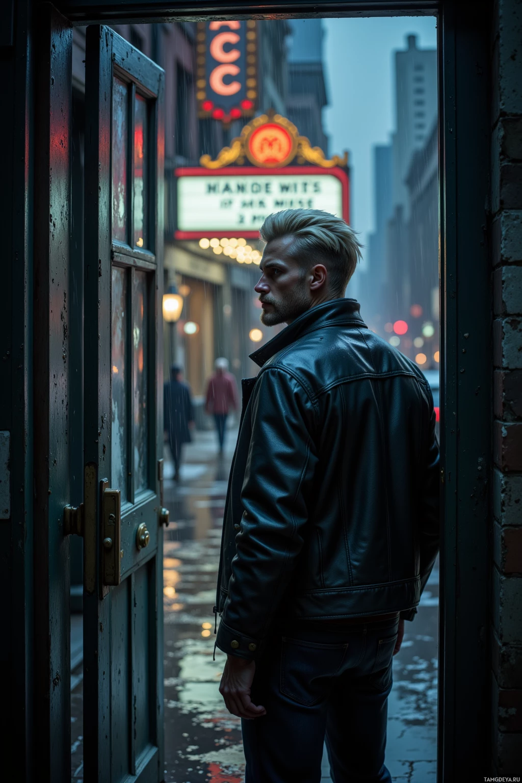 A man in a leather jacket stands in a doorway, gazing out at a rainy city street with neon signs.