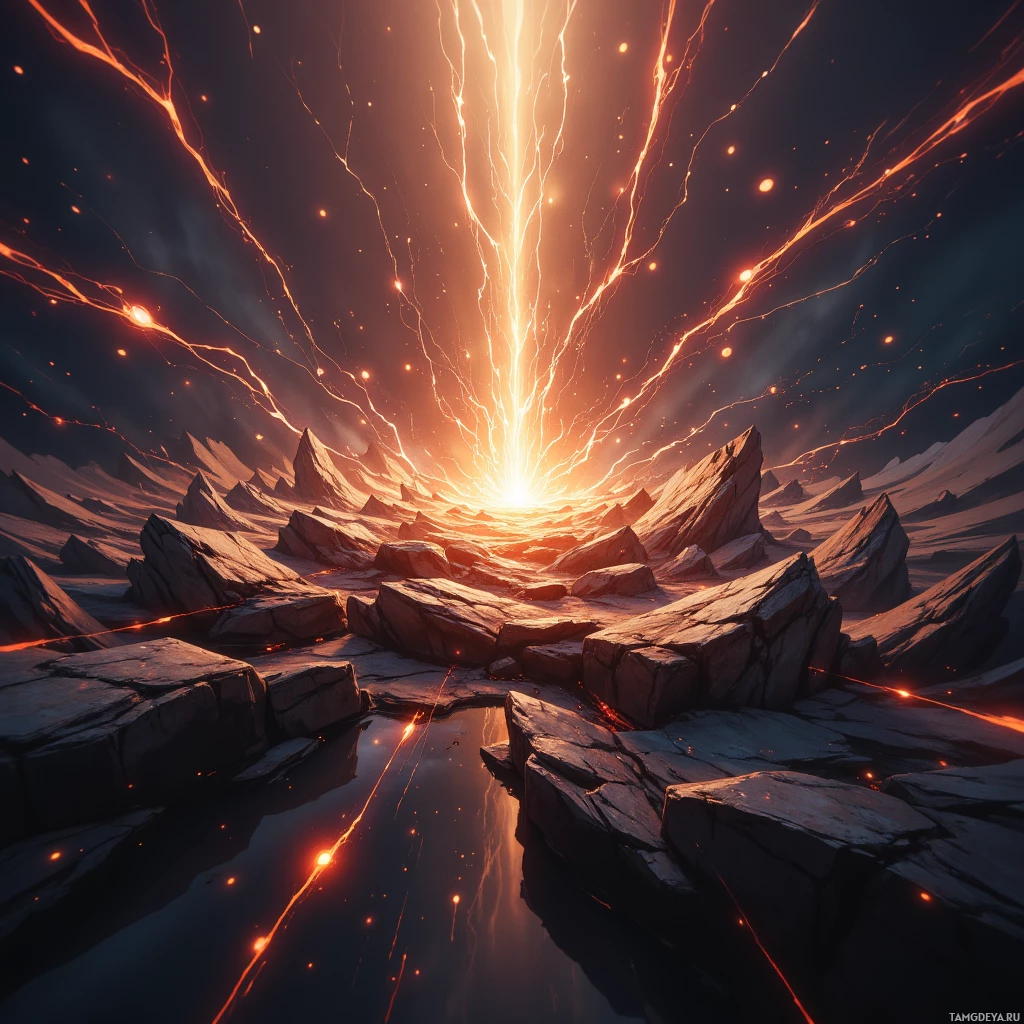 A fiery, glowing landscape with jagged rocks and streaks of light radiating upwards.
