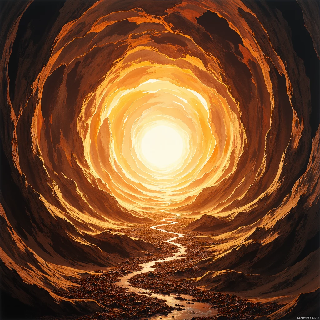 A swirling, fiery tunnel with a bright light at the end.