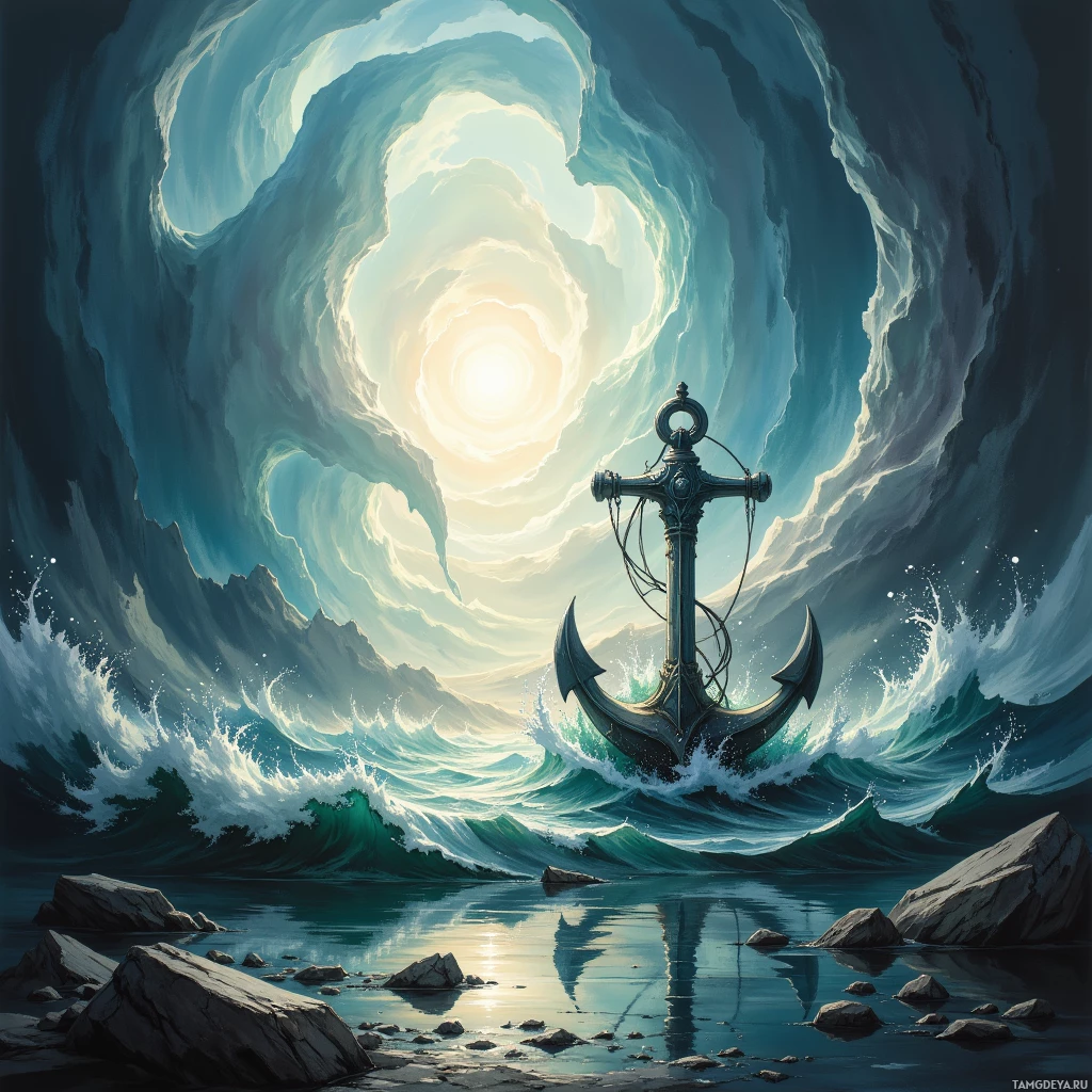A dramatic scene featuring an anchor in turbulent waves leading to a bright, glowing portal in the sky.