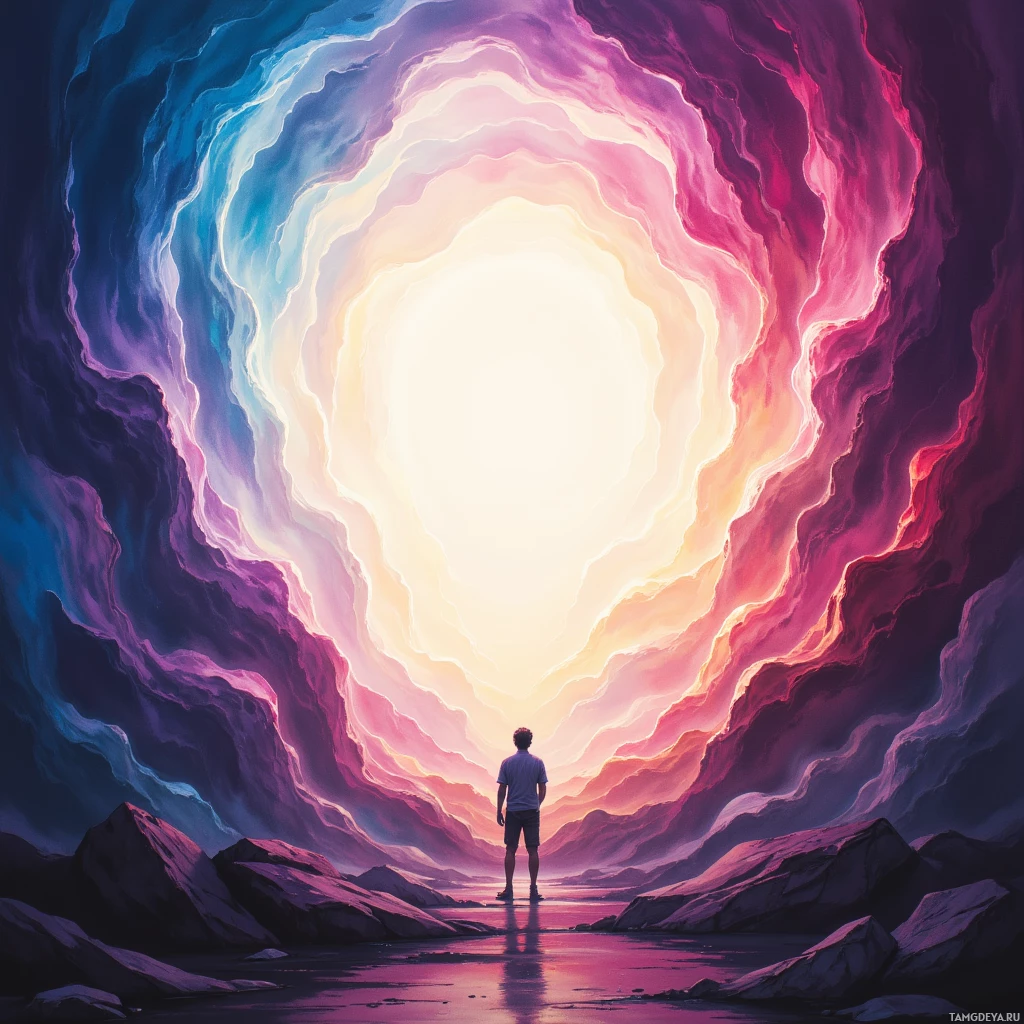A person stands at the entrance of a vibrant, swirling tunnel of light and color.