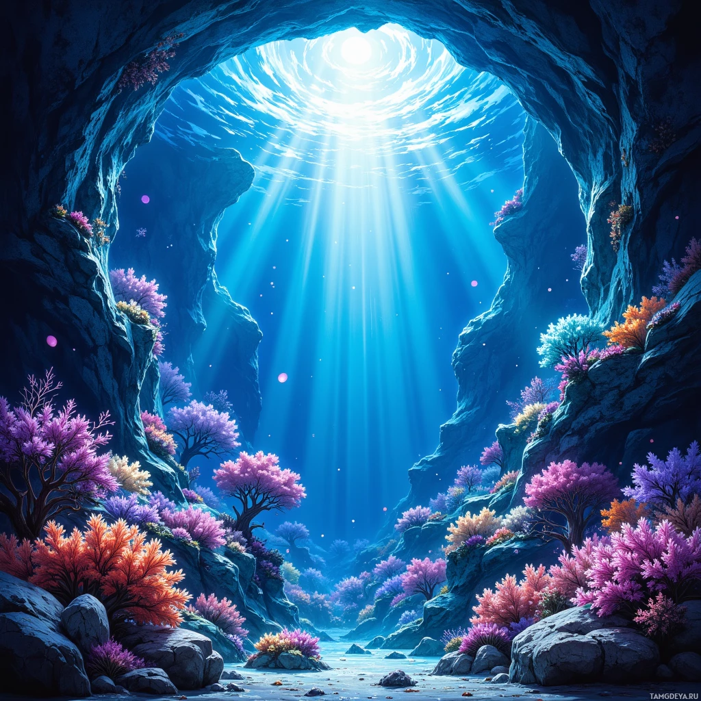 A serene underwater cave with vibrant purple and orange coral and sunlight streaming through the opening.