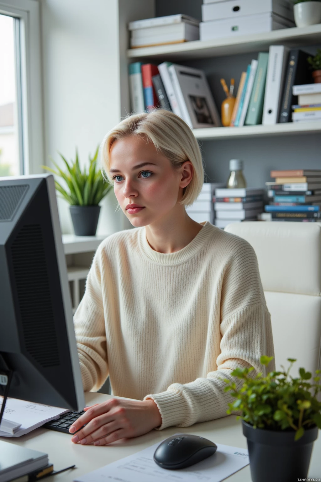 A person is sitting at a desk working on a computer in a home office setting.