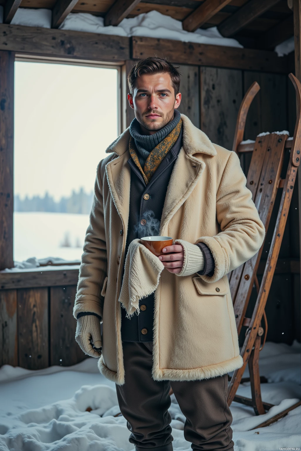 A man stands in a snowy setting, dressed warmly in a coat and scarf, holding a steaming mug.
