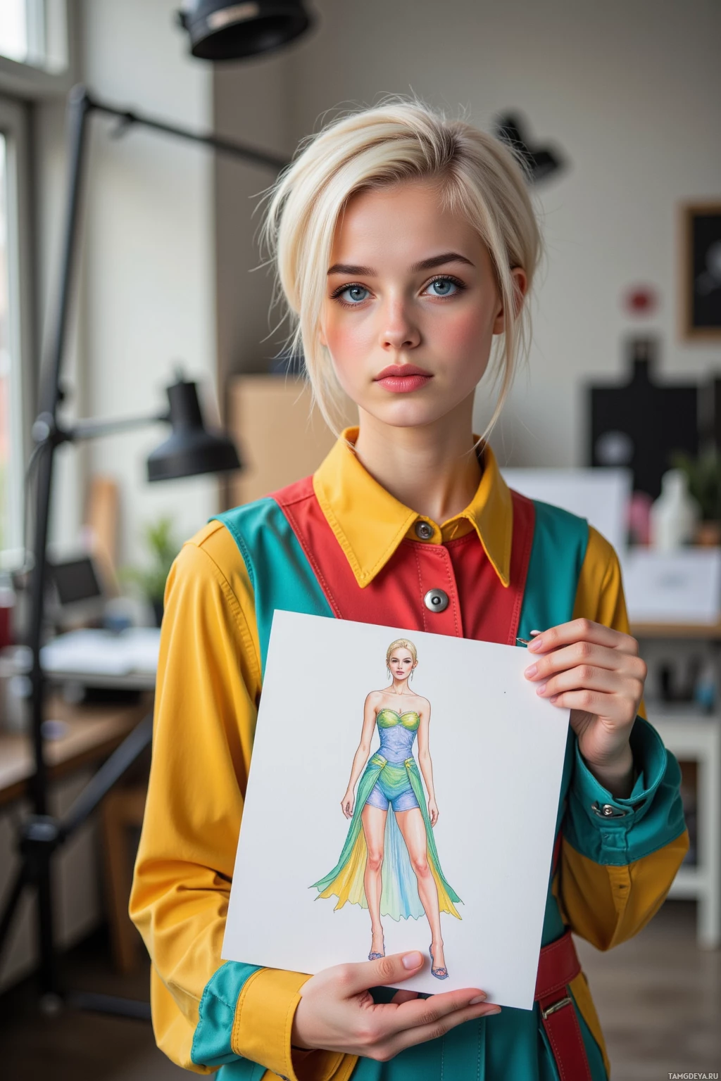 A person in a colorful outfit holds a drawing of a woman in a dress.