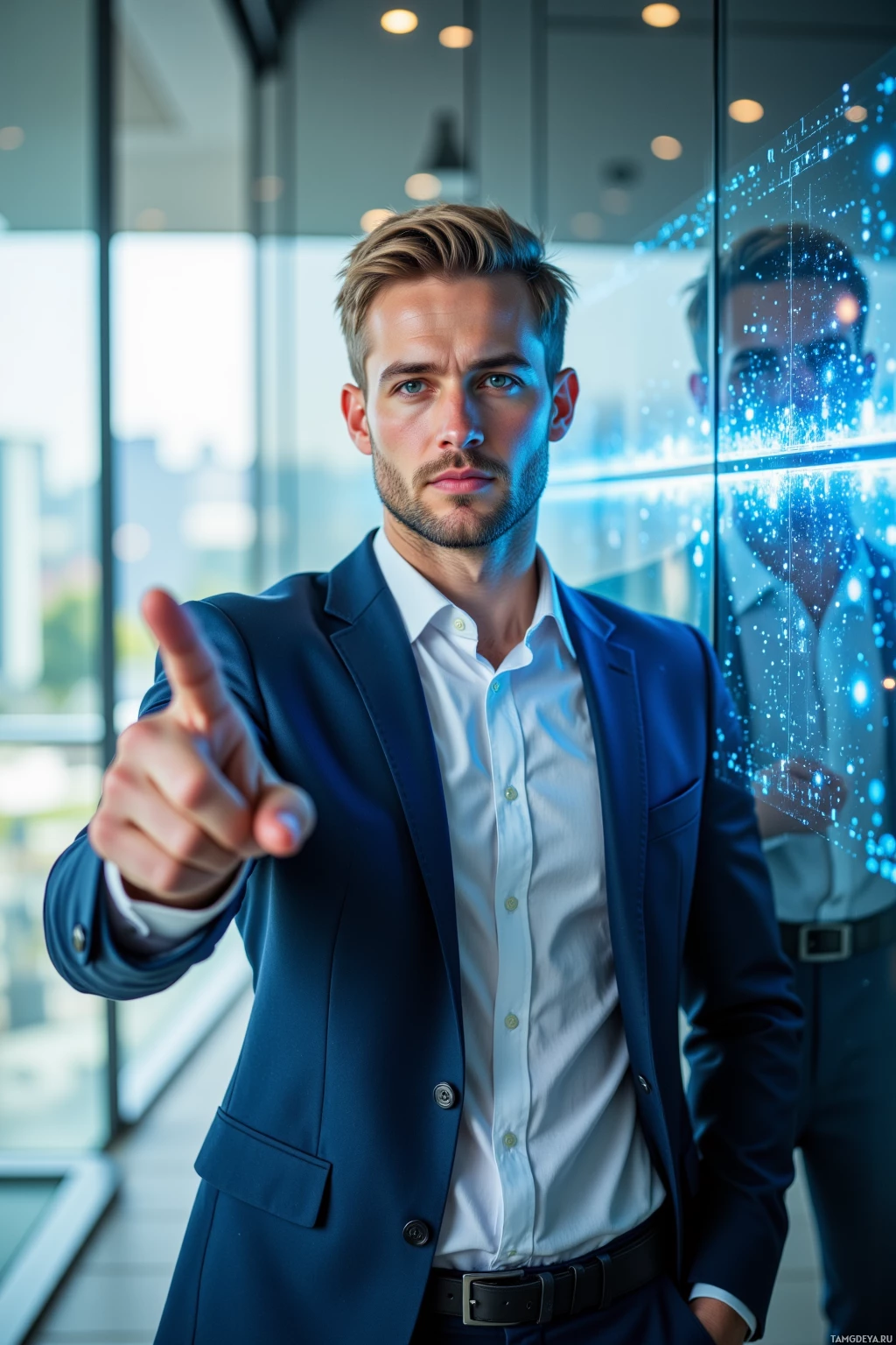 A man in a suit points forward with a confident expression.
