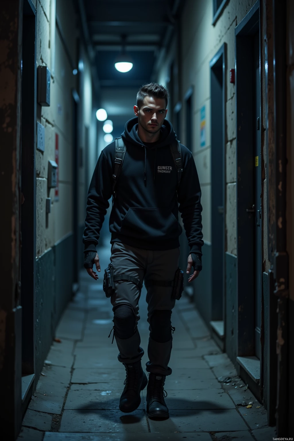A person in a dark hoodie and tactical gear walks down a dimly lit corridor.