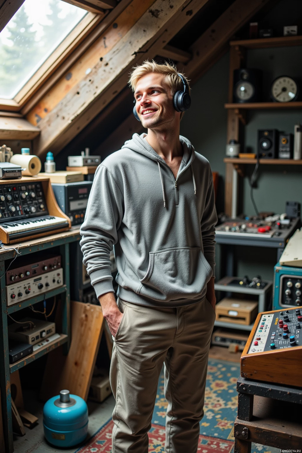 A man wearing headphones stands in a room filled with audio equipment.
