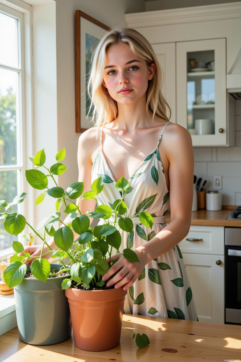 A woman in a leaf-patterned dress holds a potted plant in a kitchen.