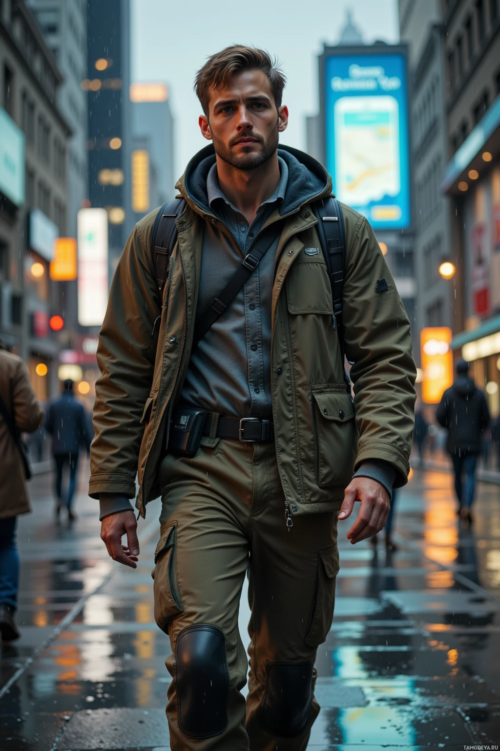 A man in a rain-soaked urban setting wearing a jacket and carrying a backpack.