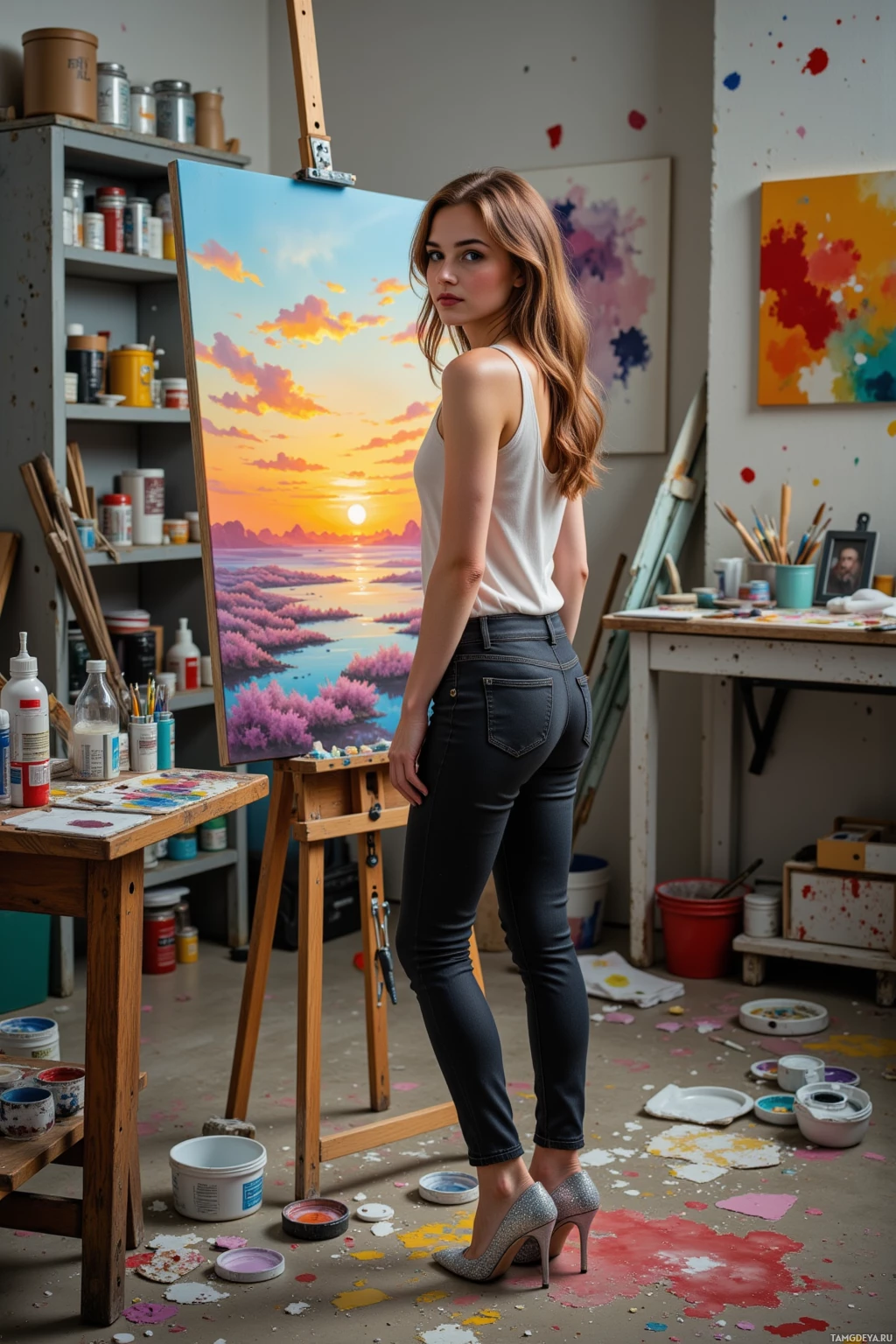 A woman stands in an artist's studio, wearing a white tank top and jeans, with a painting of a sunset on an easel behind her.