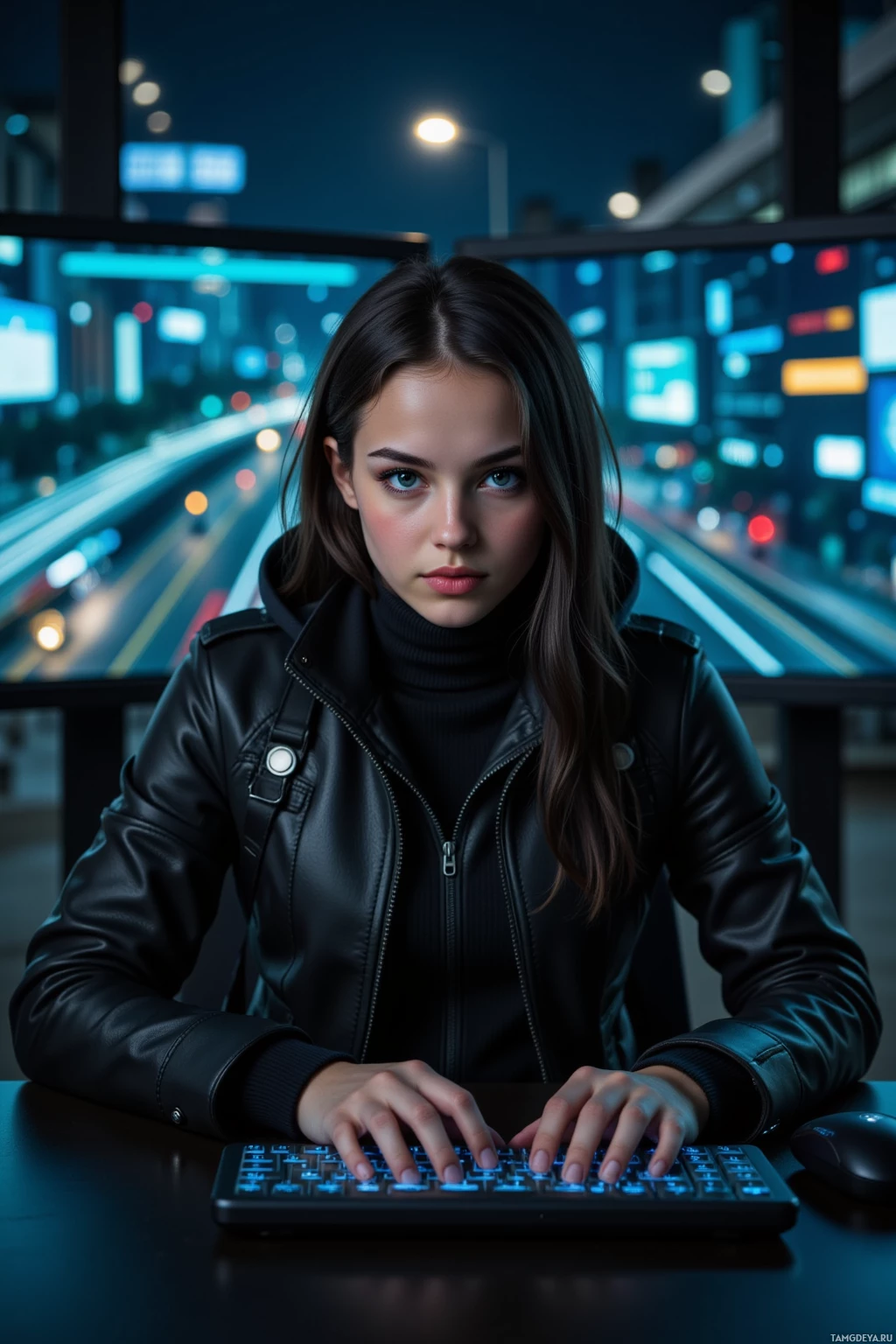 A person in a black leather jacket sits at a desk, typing on a glowing keyboard in a dimly lit urban setting.