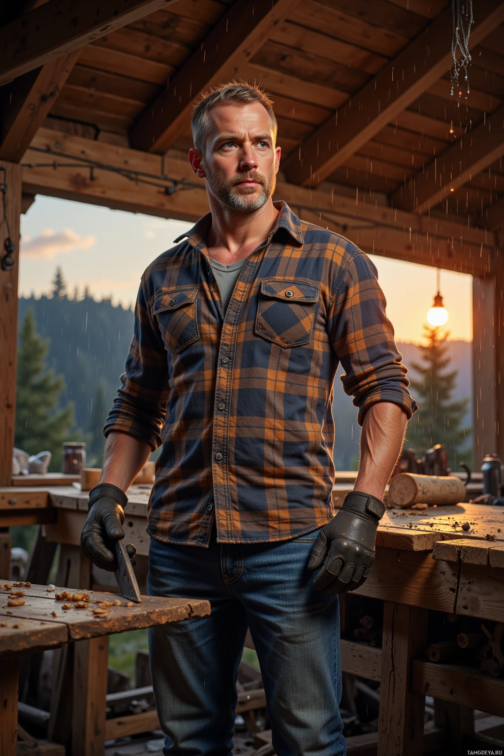 A man in a plaid shirt and gloves stands in a rustic workshop, holding a tool.