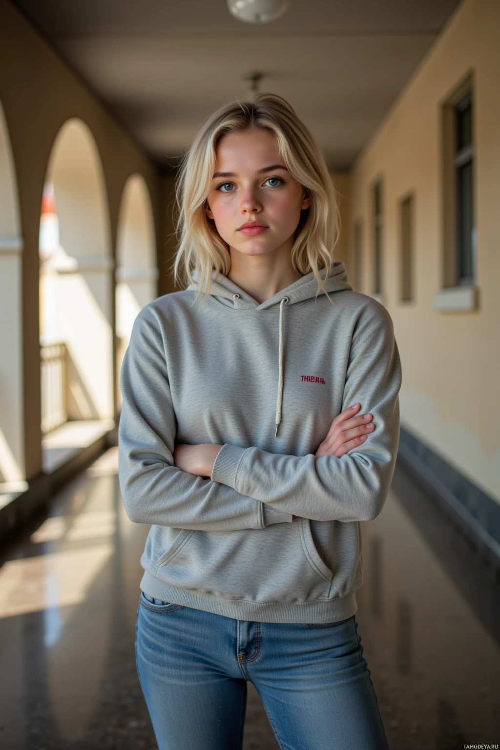 A person stands in a corridor wearing a gray hoodie and jeans, arms crossed.