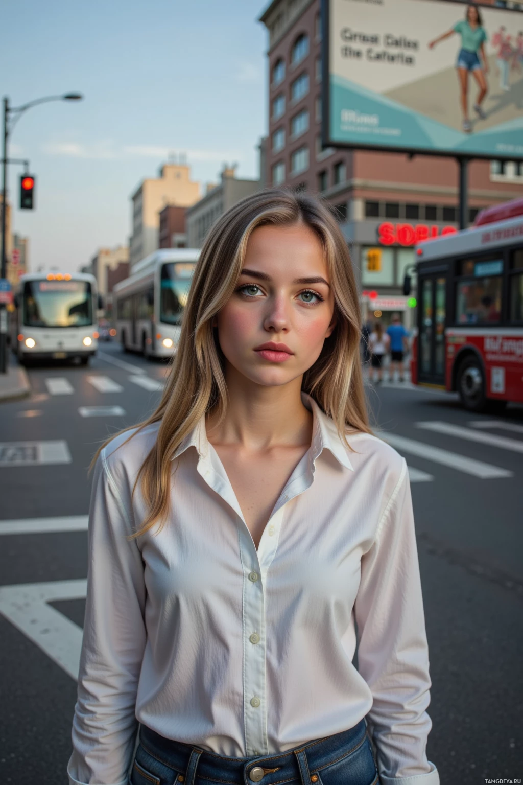 A person stands on a city street wearing a white shirt and jeans, with buses and buildings in the background.