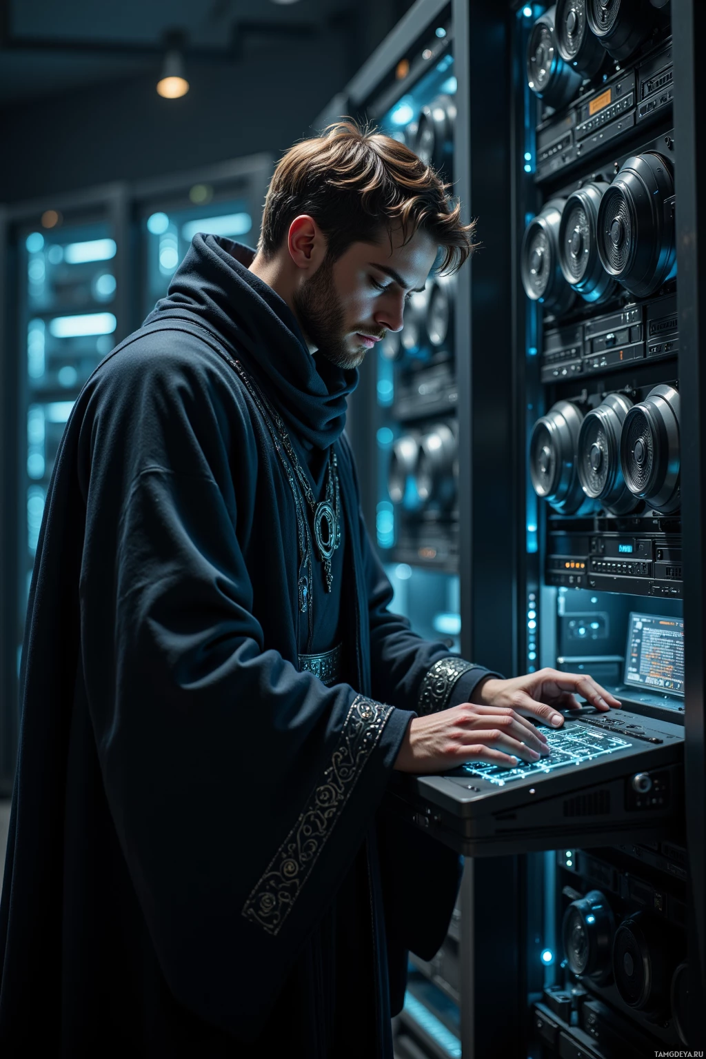 A person in a dark robe is working on a server in a dimly lit room.