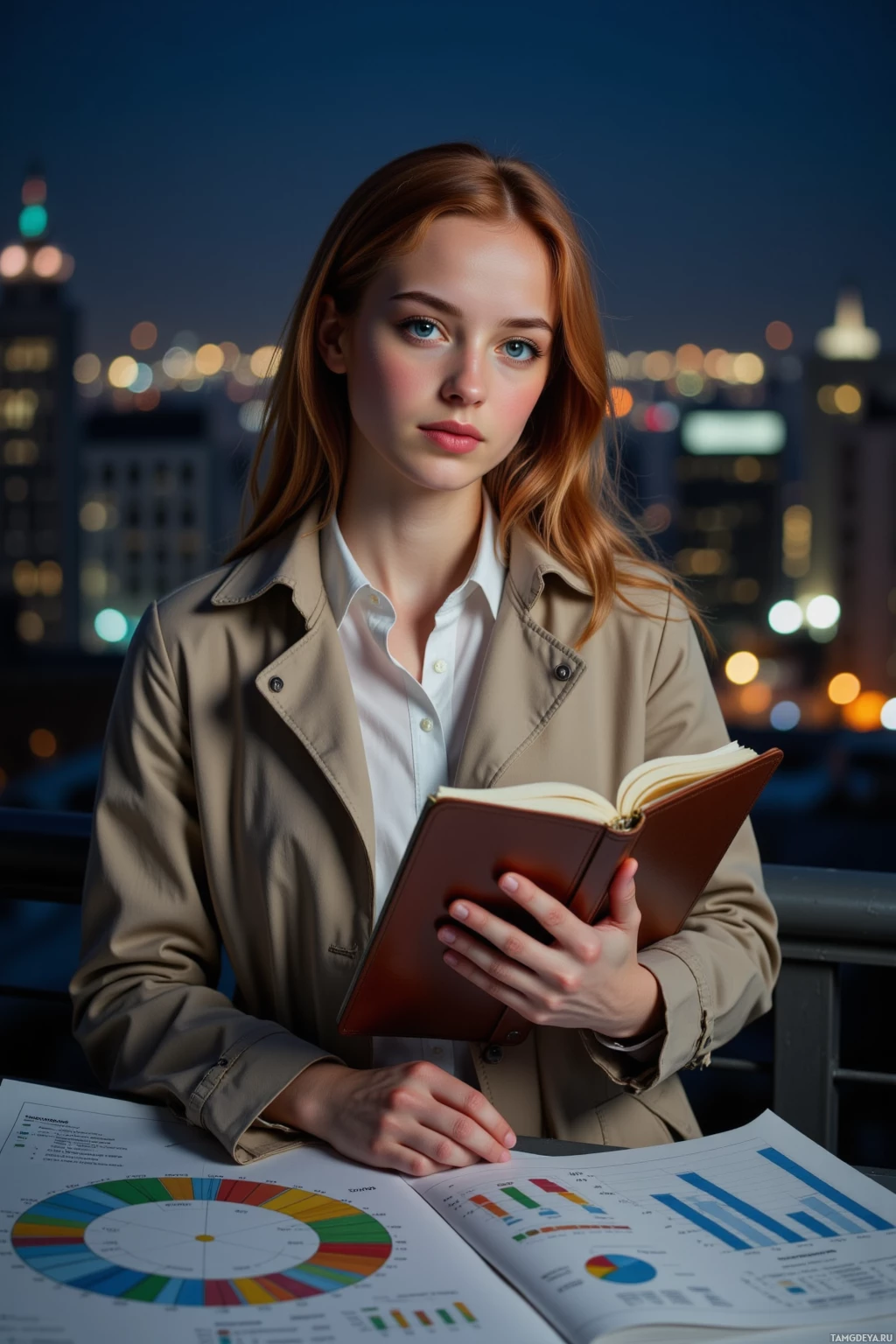 A person in a beige jacket and white shirt holds an open book, with a cityscape at night in the background.