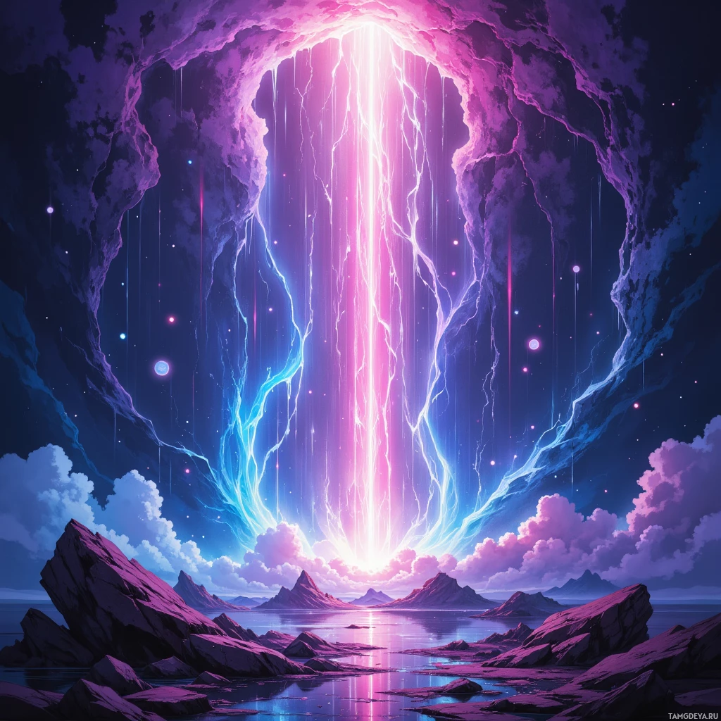 A fantastical landscape featuring a glowing portal emitting light and energy, surrounded by rocky terrain and a starry sky.