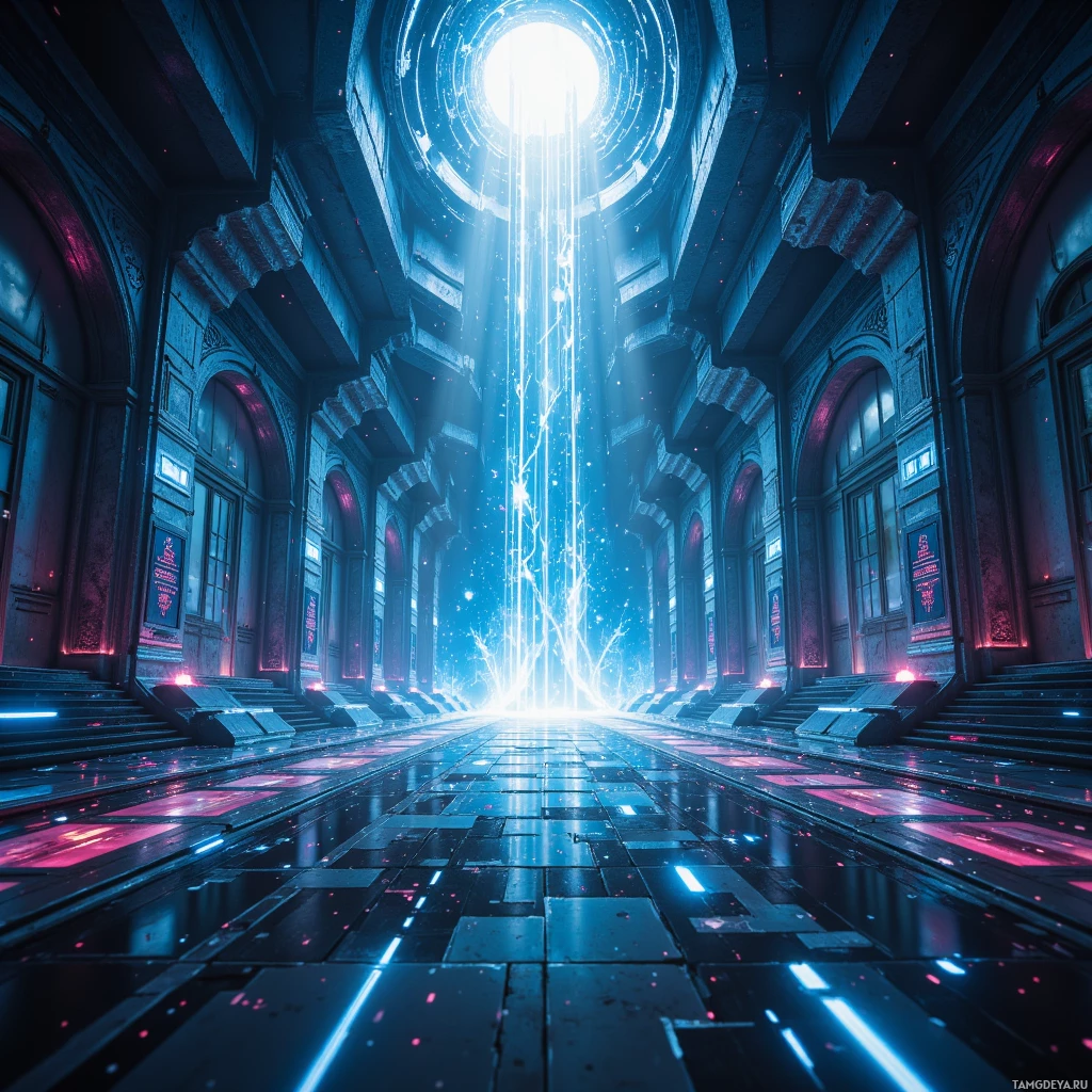 A futuristic, illuminated corridor with glowing lines and a bright light at the end.
