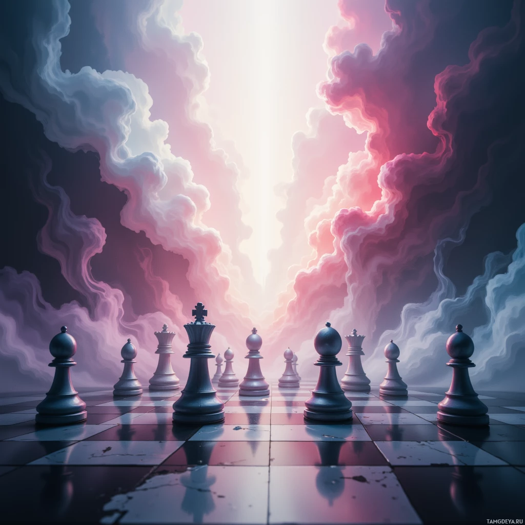 A surreal chessboard scene with chess pieces and a glowing light source in a dreamy, cloud-filled sky.