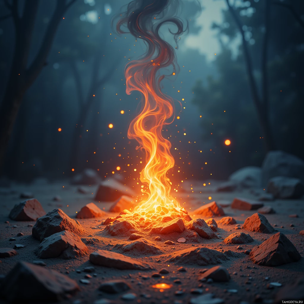 A glowing fire with swirling flames and sparks in a misty forest setting.