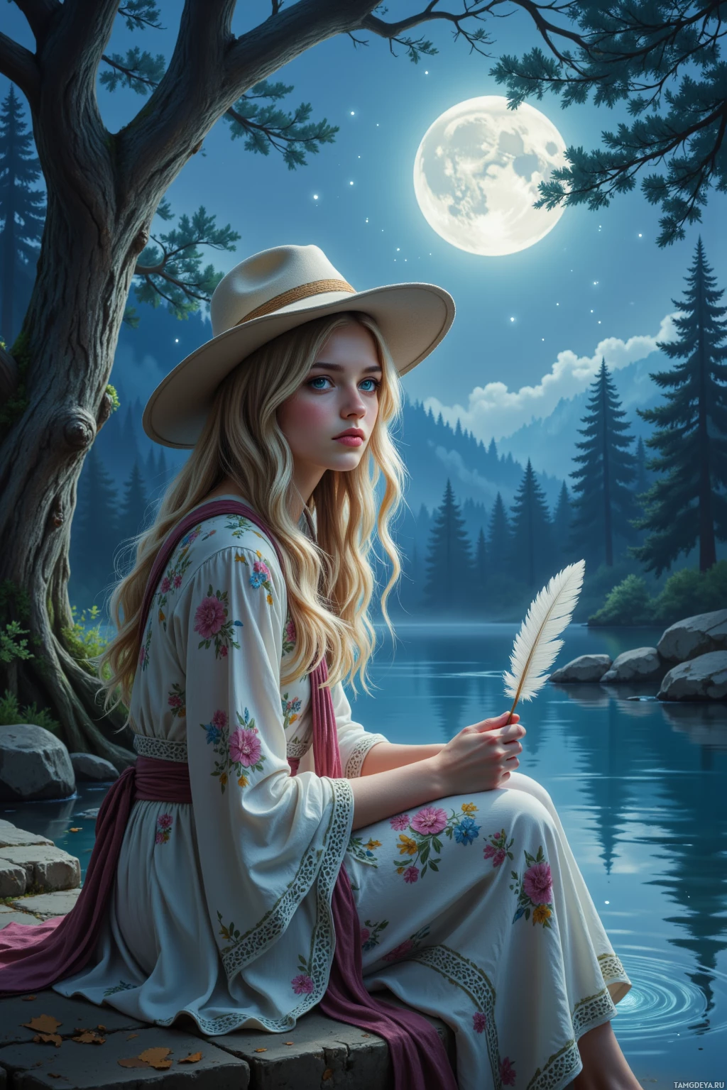 A woman in a floral dress and hat sits by a serene lake under a full moon.
