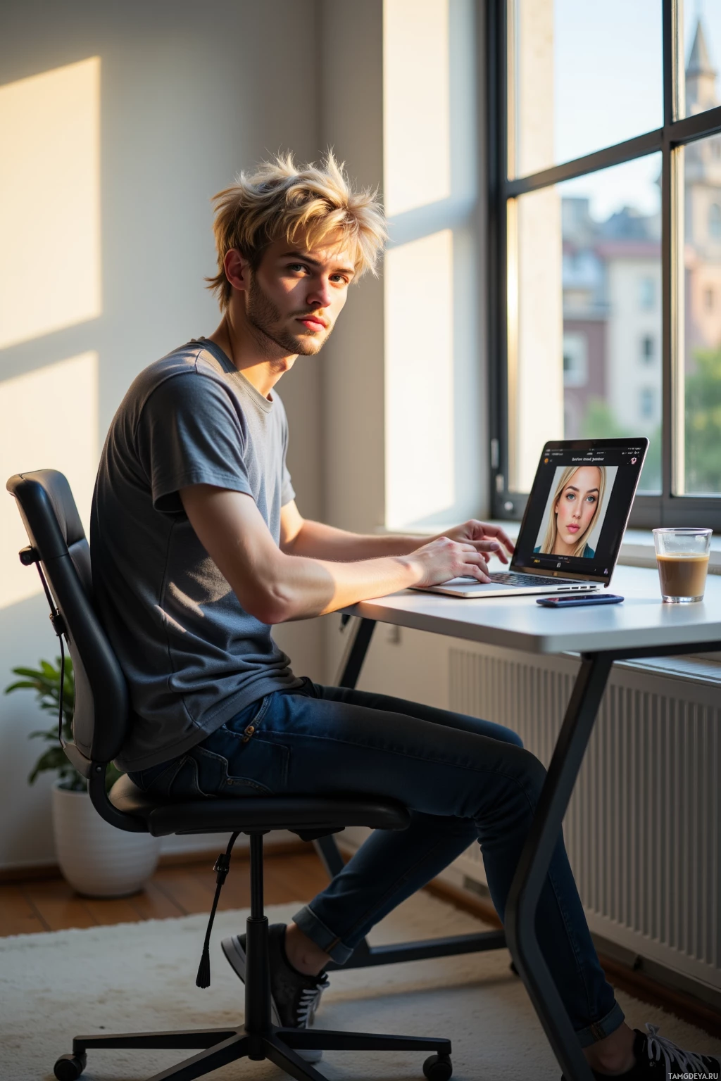 A person sits at a desk with a laptop, looking at the camera.