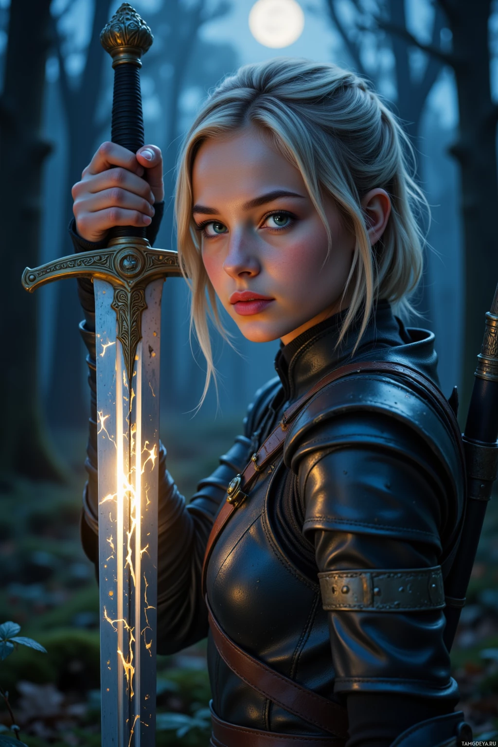 A woman in leather armor holds a glowing sword in a forest setting.