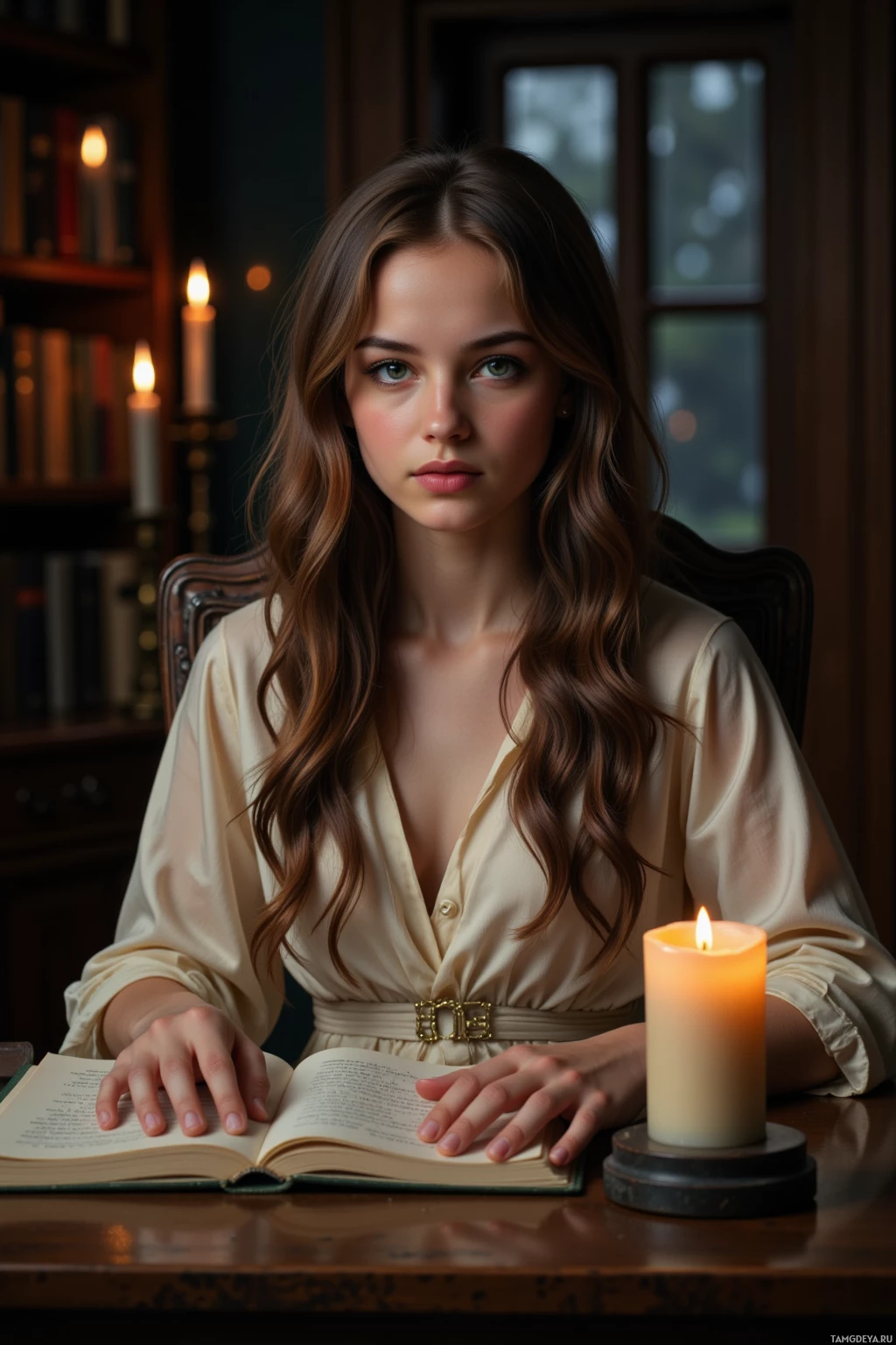 A woman sits at a desk with a book and a lit candle, surrounded by bookshelves.