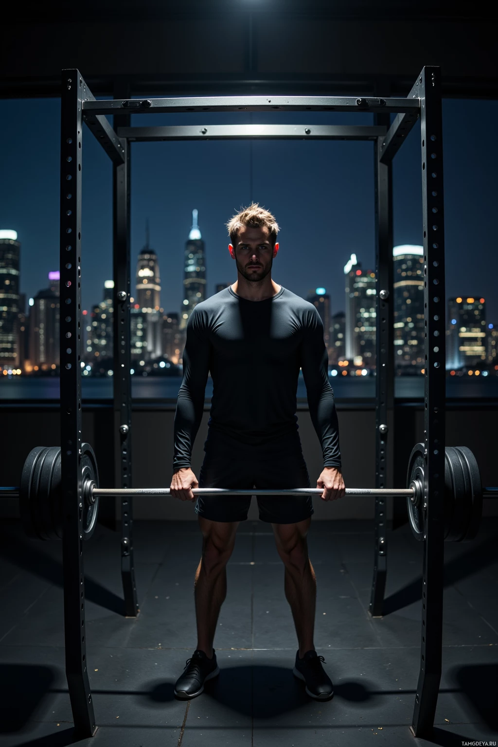 A man stands in a gym holding a barbell, with a cityscape visible through the window behind him.