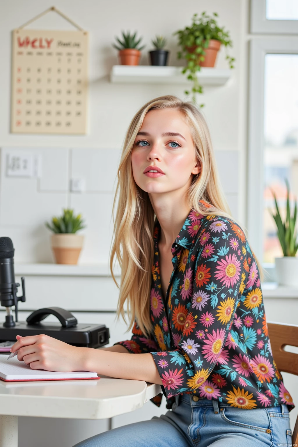 A person with long blonde hair sits at a desk, wearing a floral shirt and jeans, with a microphone and notebook in front of them.