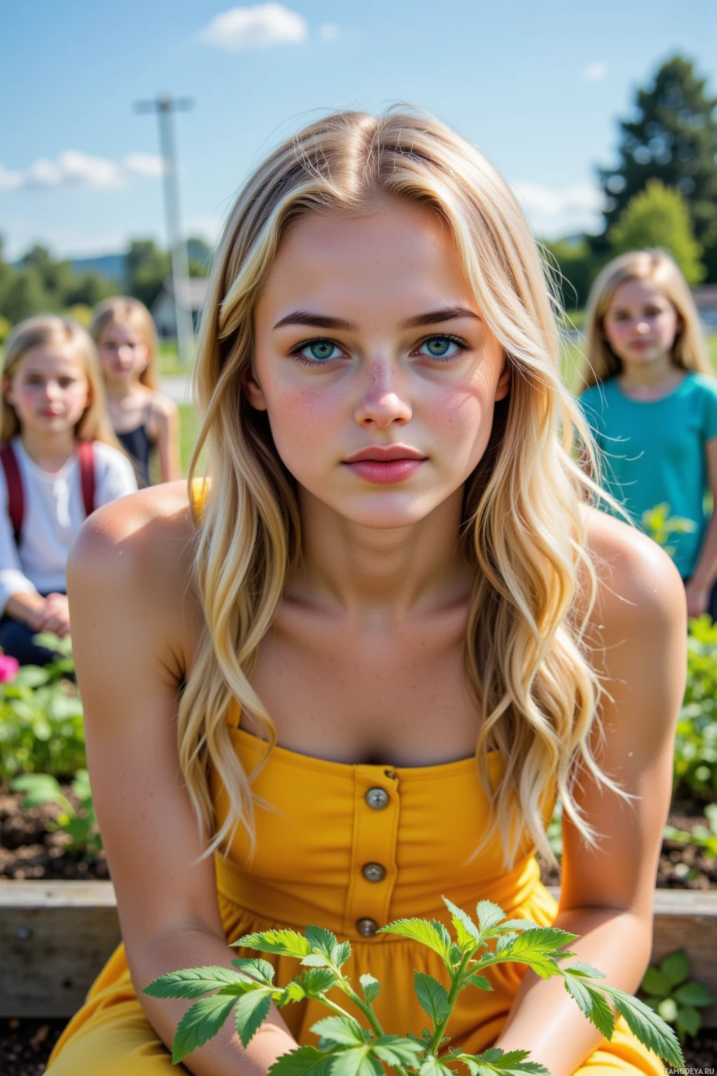A young woman with blonde hair and green eyes sits outdoors, holding a plant.
