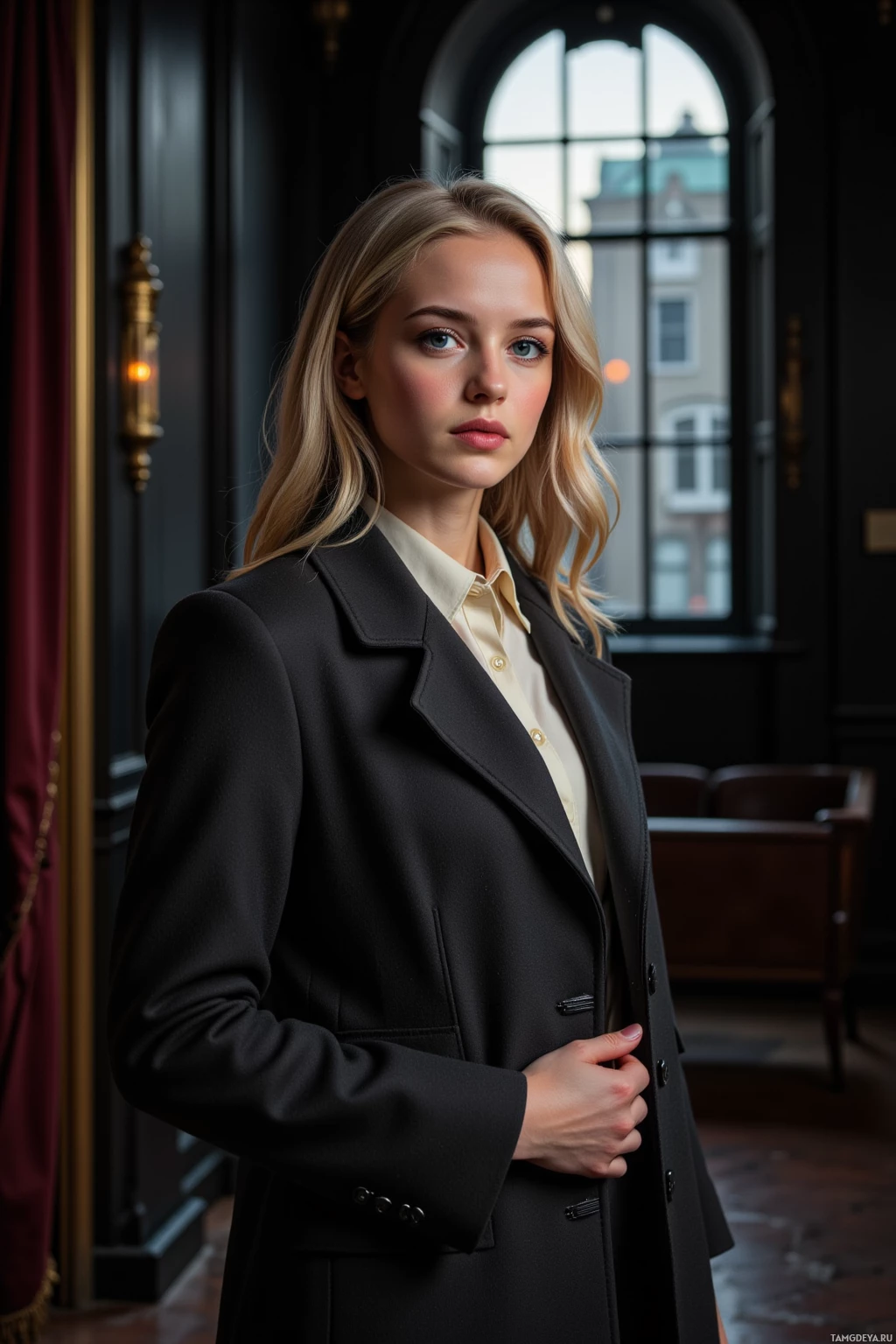 A woman in a black blazer and cream shirt stands in a dimly lit room with a large window.